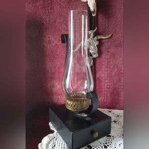 Vintage Black and Gold Hurricane Lamp On A Metal Base With Drawer